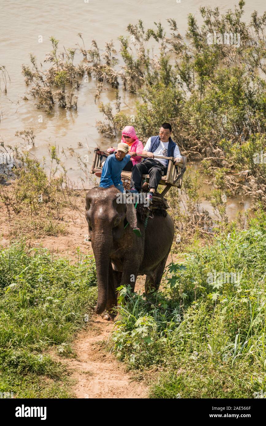 Tourists riding on elephants, Luang Prabang Elephants Camp, Luang