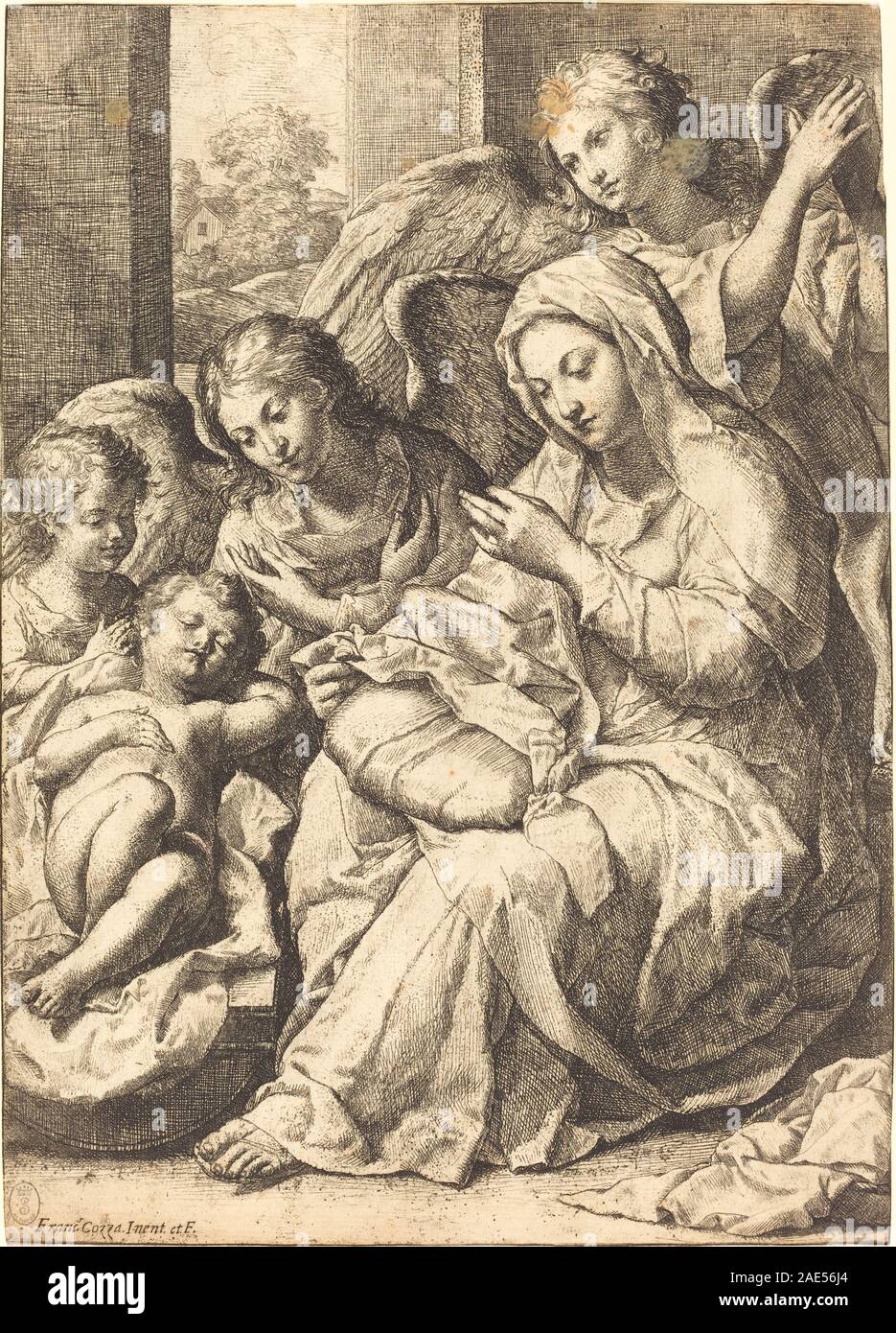 Virgin and Angels Watching Over the Sleeping Infant Jesus Francesco Cozza, Virgin and Angels Watching Over the Sleeping Infant Jesus Stock Photo