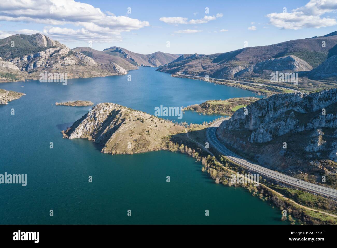 'Barrios De Luna' reservoir from Aerial Drone View. Stock Photo