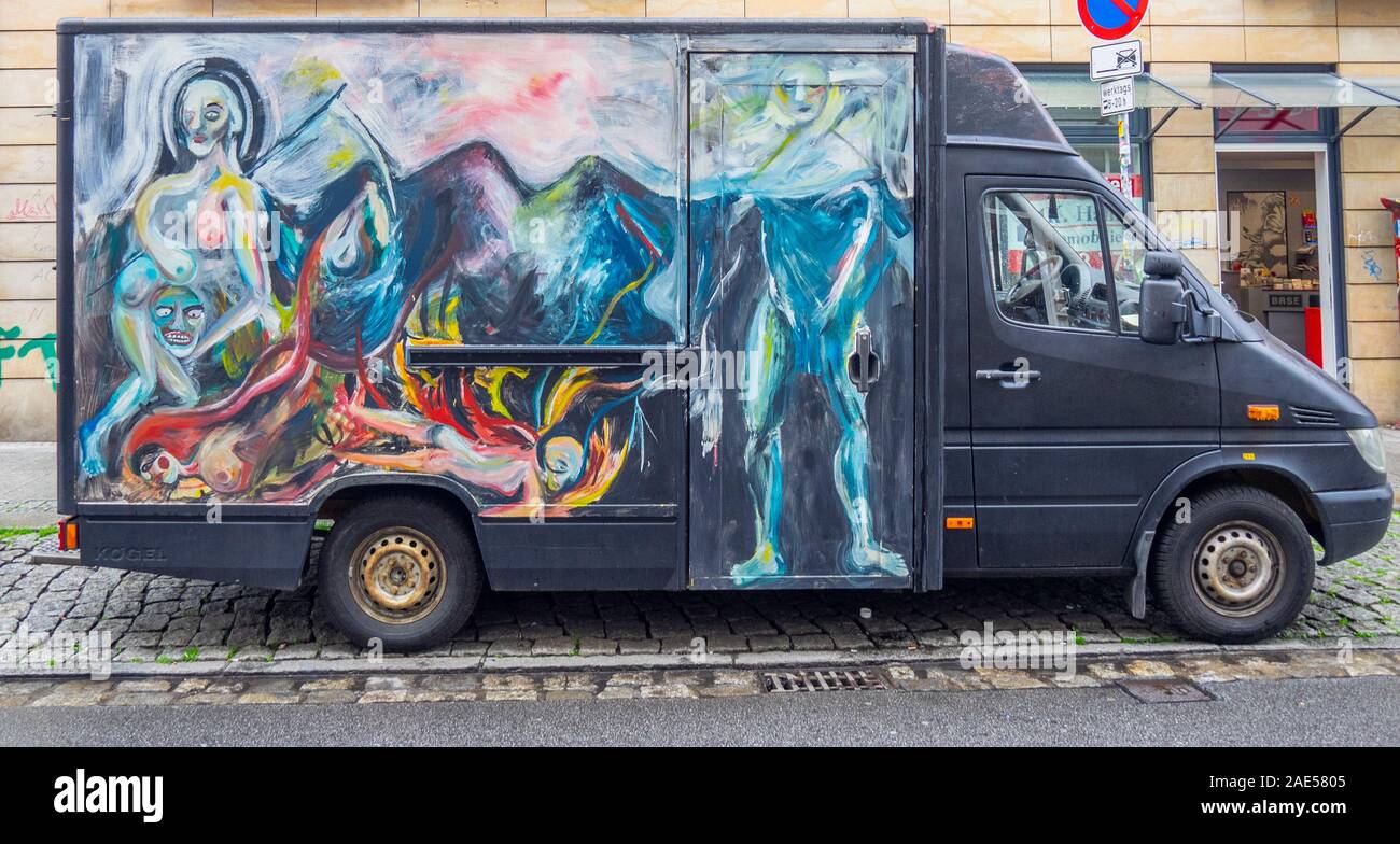 Van painted with apocalyptic scene parked in Alaunstrasse in Neustadt  Dresden Saxony Germany Stock Photo - Alamy