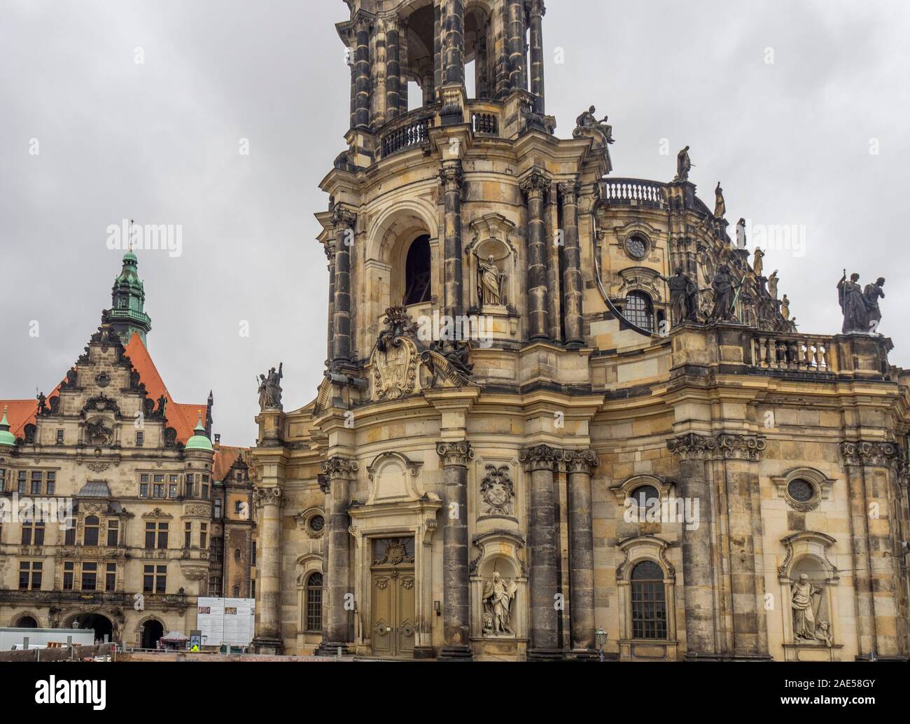 Cathedral of the Holy Trinity Katholische Hofkirche and Georgentor Altstadt Dresden Saxony Germany. Stock Photo