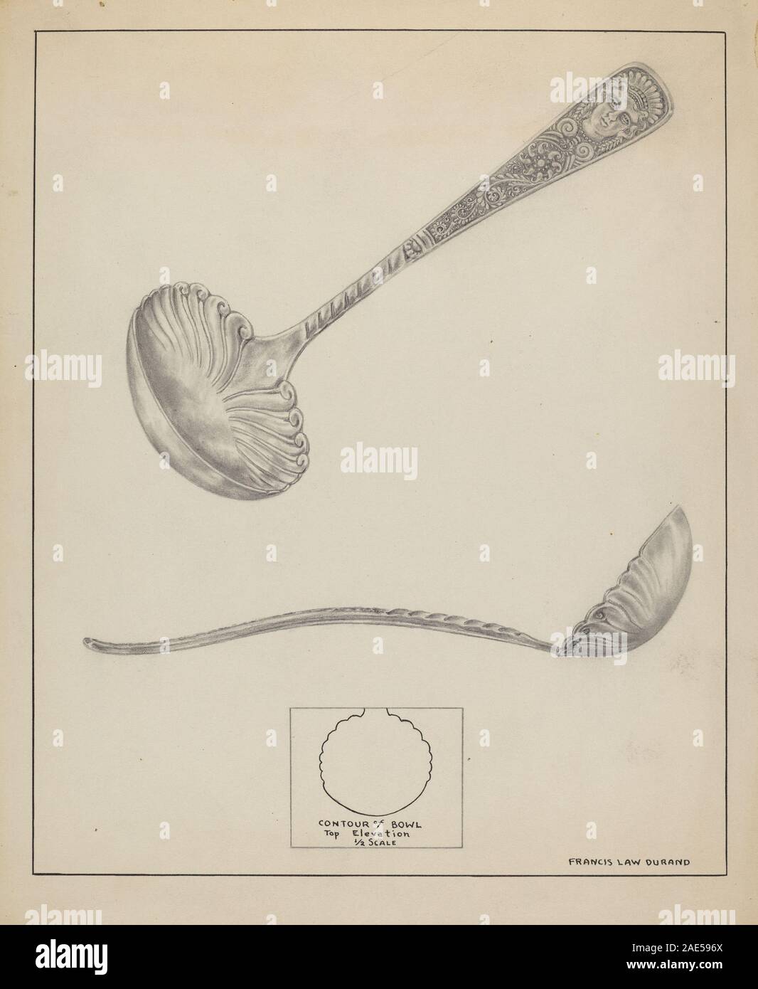 A silver gravy ladle created between 1935 and 1942 by Francis Law Durand, showing metal construction, handle, bowl, and functional use for serving sauces or gravies. Stock Photo