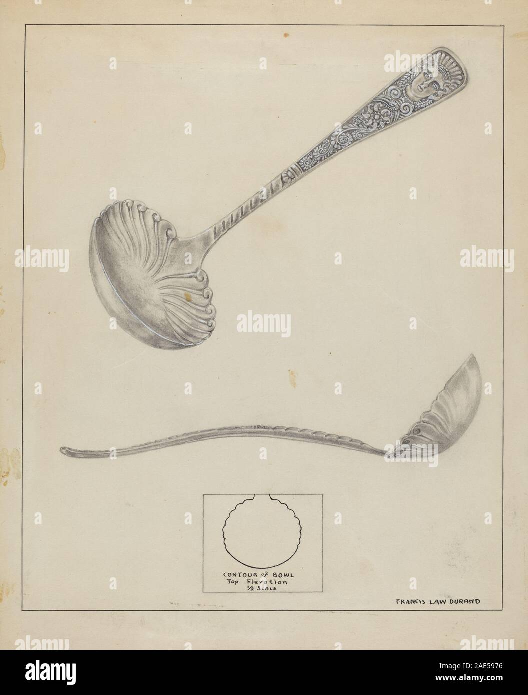A silver gravy ladle created between 1935 and 1942 by Francis Law Durand, showing metal construction, handle, bowl, and functional use for serving sauces or gravies. Stock Photo