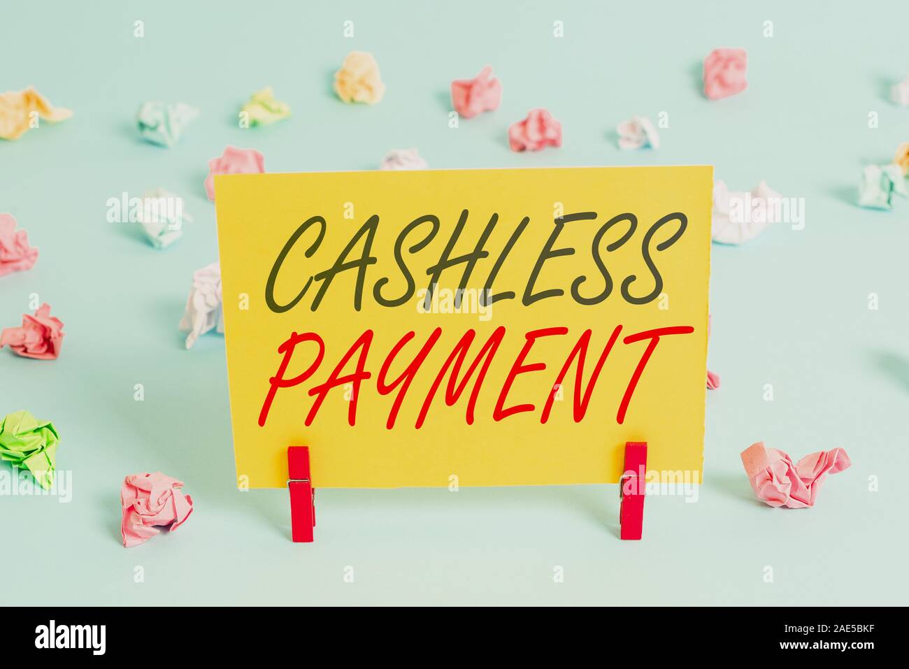 Text sign showing Cashless Payment. Business photo text transaction will be through electronic media or credit card Colored crumpled rectangle shaped Stock Photo