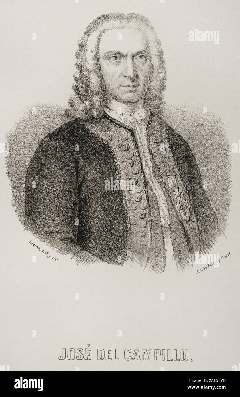 José del Campillo y Cossió (1693-1743). Político, economista y hacendista español. Dibujo por Llanta. Litografía. Cróncia de España, Historia Ilustrada y Descriptiva de sus Provincias. Tomo Asturias y León, 1867. Biblioteca Histórico Militar de Barcelona, Cataluña, España. Stock Photo