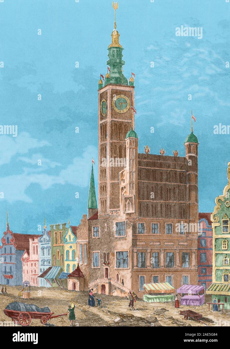 Danzig (Gdansk). Polonia. Las Casas Consistoriales de la ciudad, en el siglo XVII. Grabado del siglo XIX. Coloreado. Stock Photo