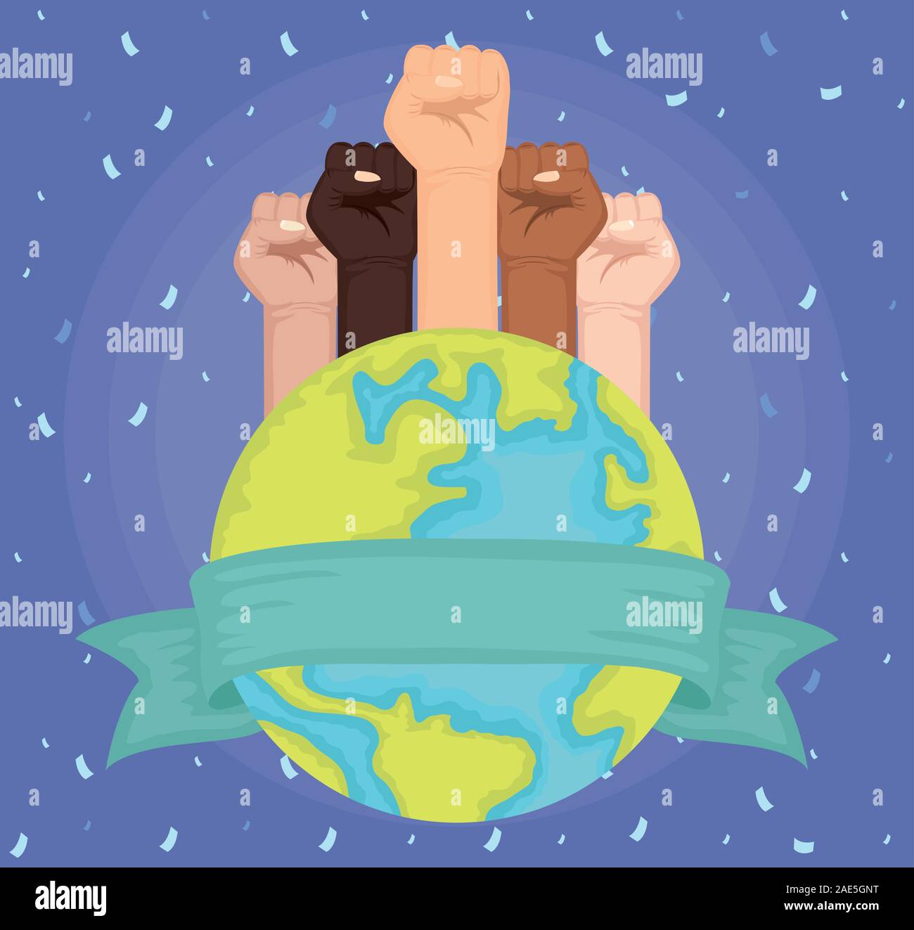 interracial hands fist with world planet earth Stock Vector