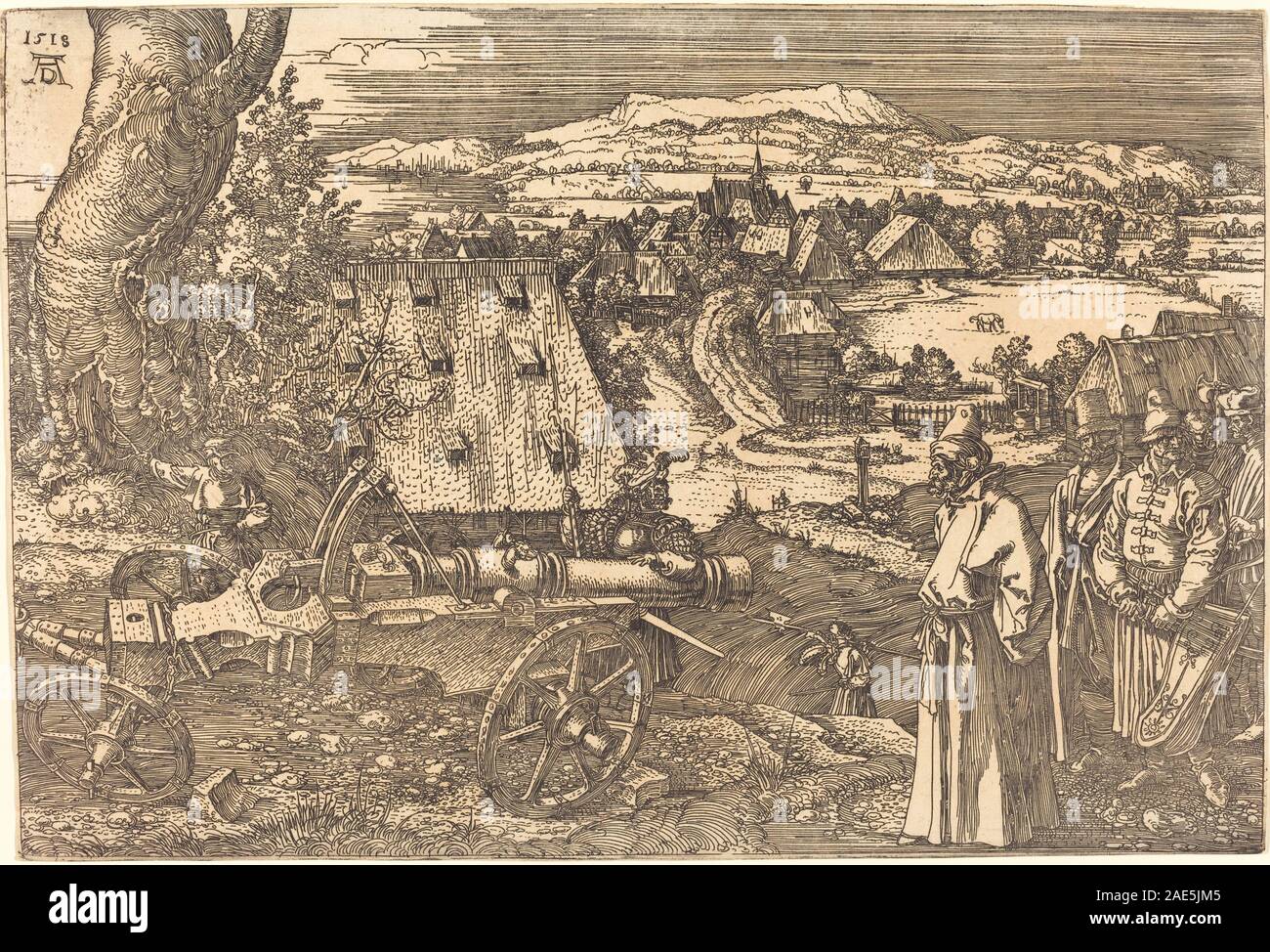 A 1518 engraving by Albrecht Dürer depicting a landscape with a cannon ...