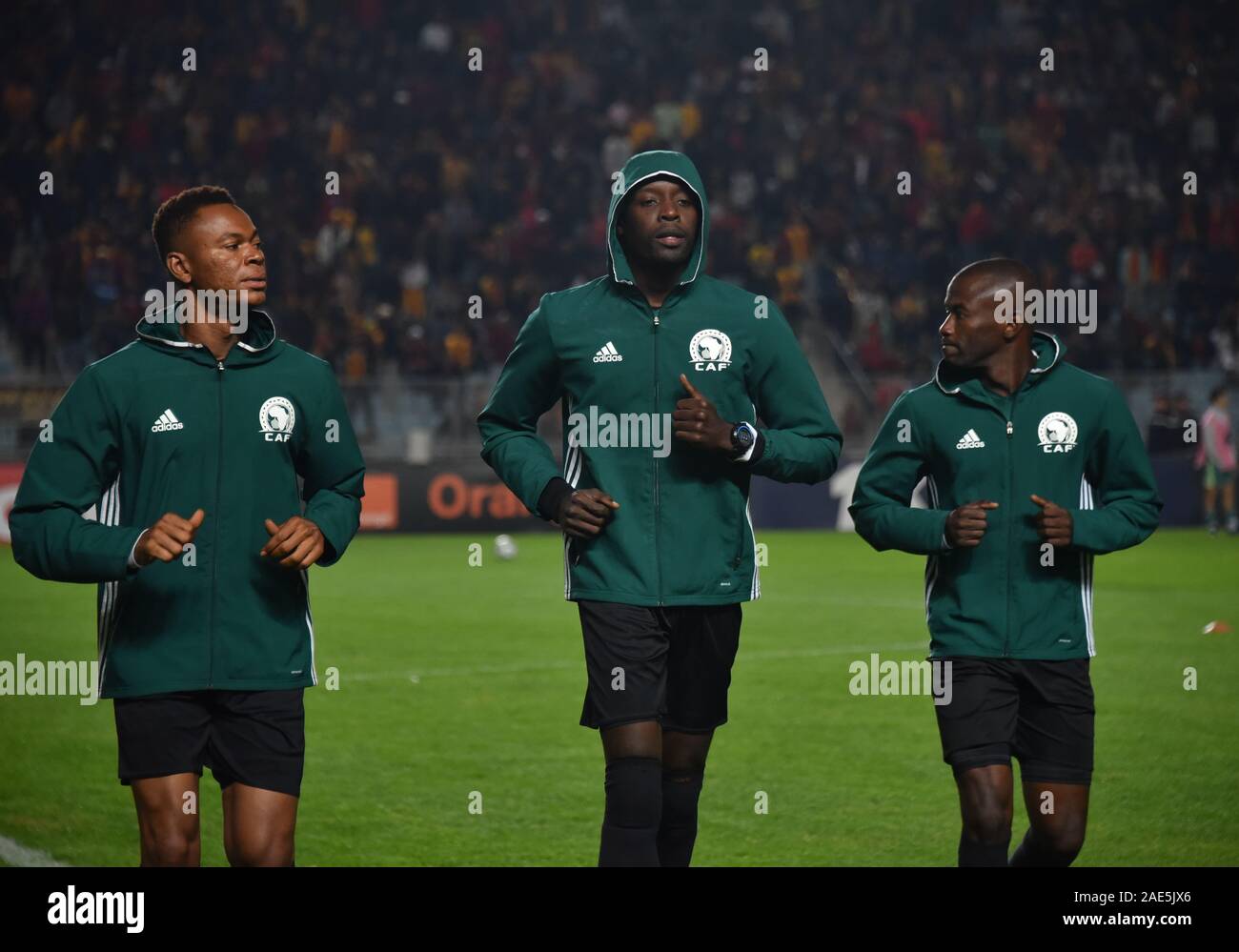 Rades, Tunisia. 06th Dec, 2019. Maguette Ndiaye, El haj malick samba and nouha bangoura are seen before the CAF Champions League 2019 - 20 football match between Esperance sportive tunisia and Jeunesse Sportive of Kabylie in Rades.(Final score; Esperance sportive 1: 0 Sportive Kabylie) Credit: SOPA Images Limited/Alamy Live News Stock Photo