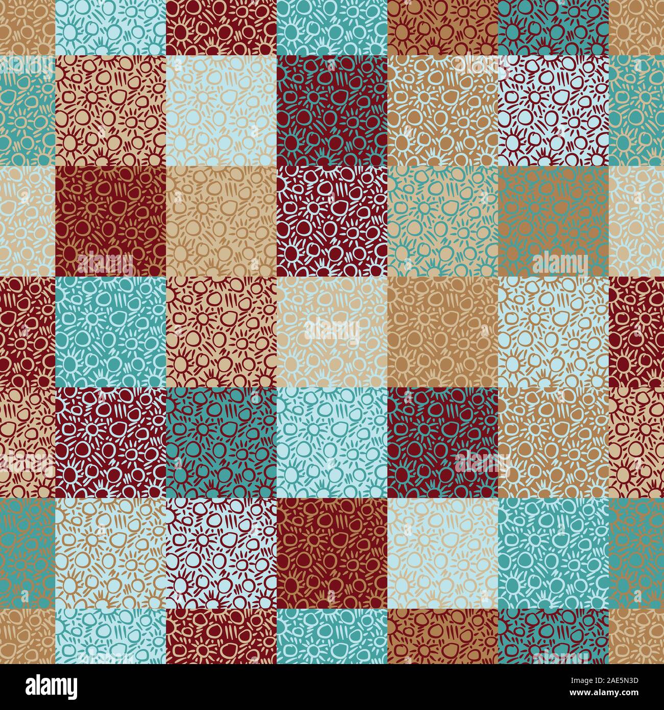 seamless vector pattern with colorful tiles with doodle suns and circles texture Stock Vector