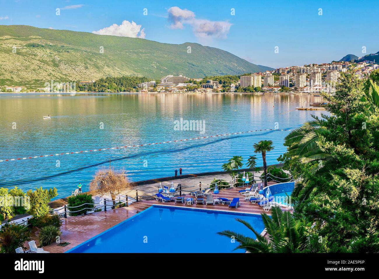 Showing the waterfront area of the popular tourist town located on the Bay of Kotor. Stock Photo