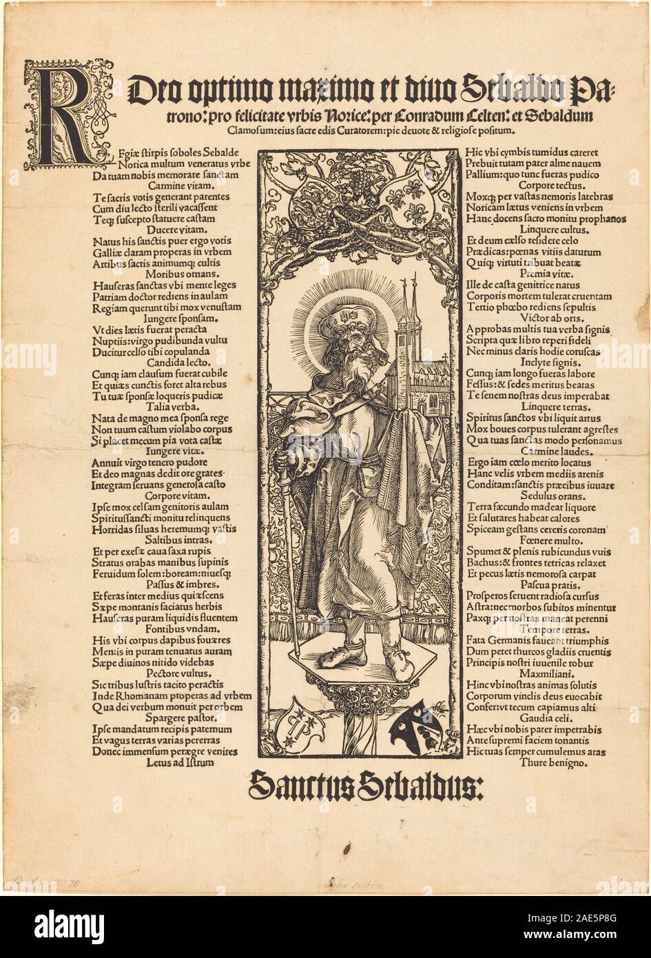 An engraving by Albrecht Dürer circa 1501 showing Saint Sebaldus ...