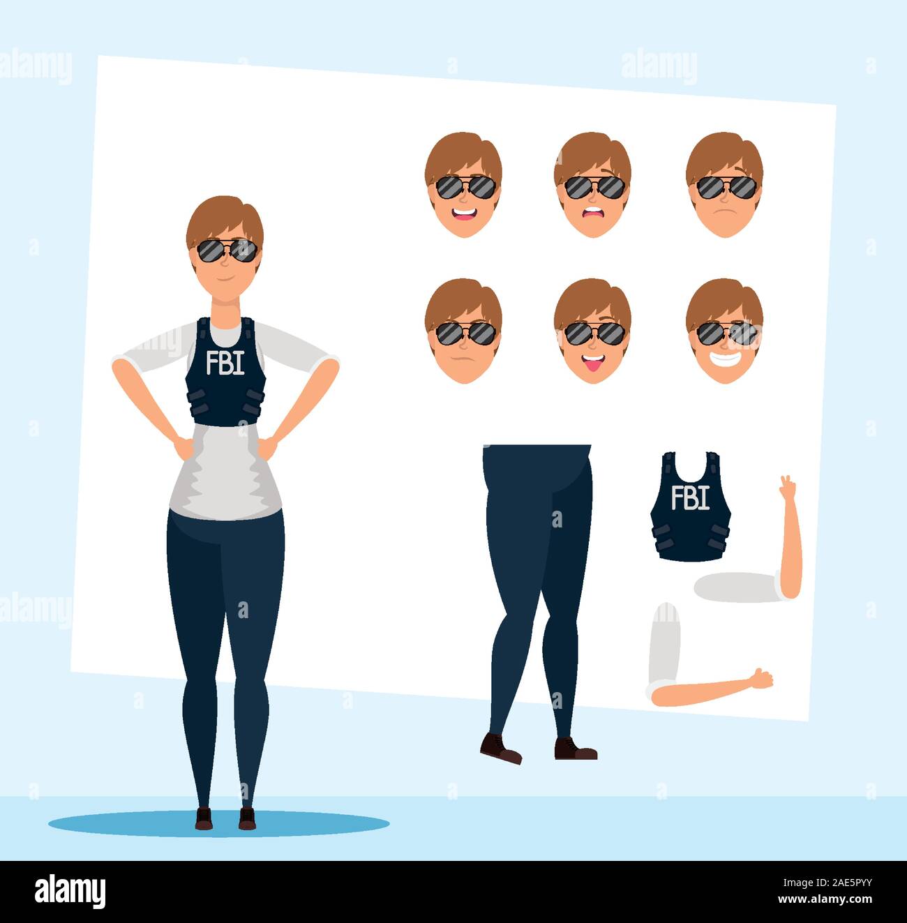 beautiful fbi woman agent with set faces character Stock Vector Image