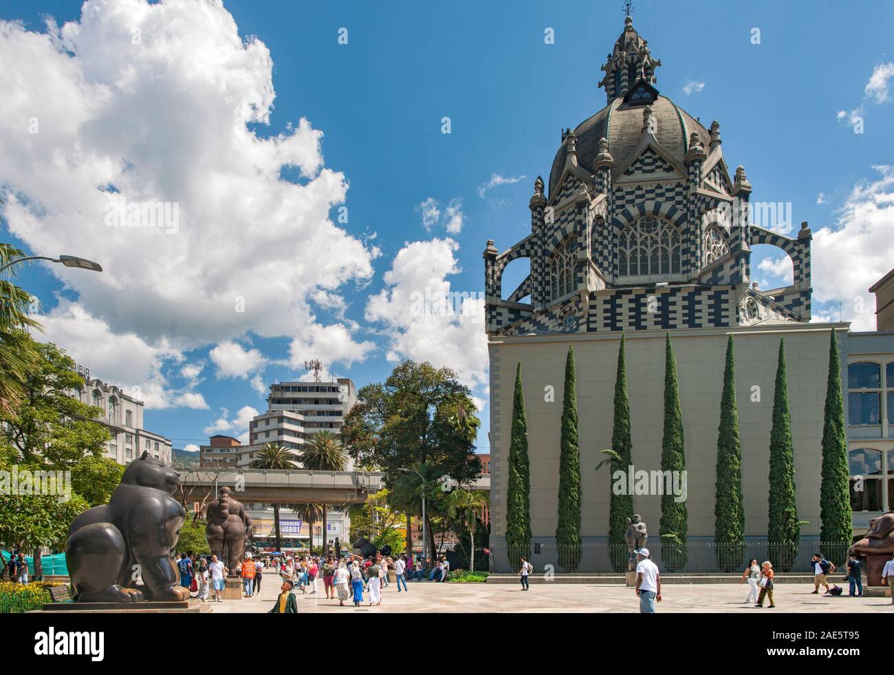 Botero plaza and the Rafael Uribe Uribe Palace of Culture in downtown Medellin, Colombia. Stock Photo