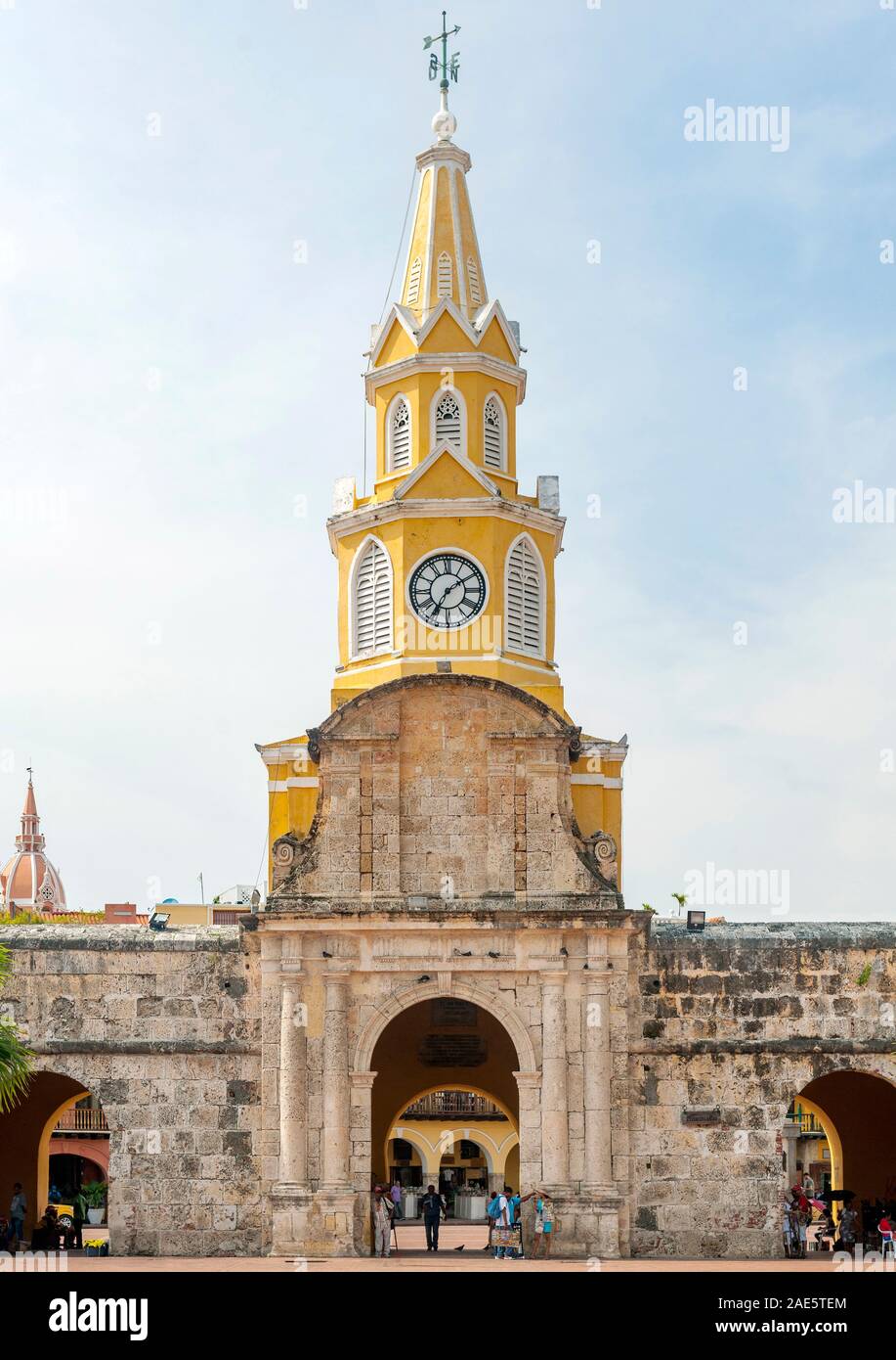 The Puerta del Reloj, Torre del Reloj or Boca del Puente (clock tower monument) in Cartagena, Colombia. Stock Photo