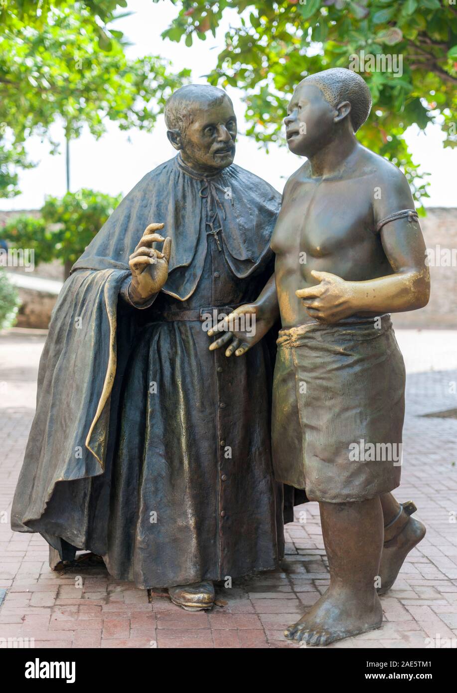 Sculpture of  San Pedro Claver in the old city in Cartagena, Colombia. Stock Photo