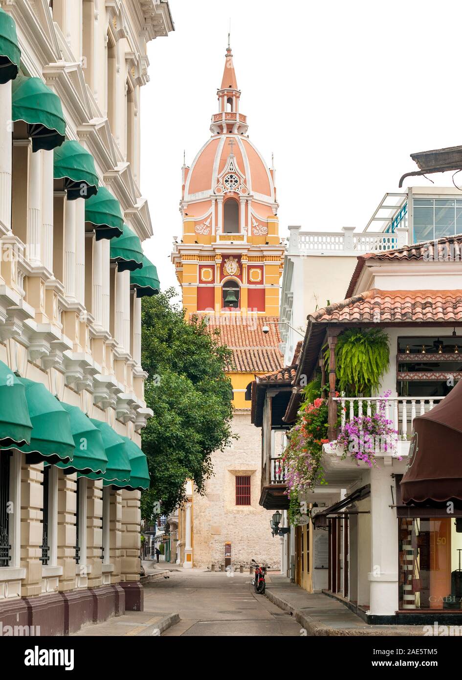 View of buildings and the cathedral of Saint Catherine of Alexandria in the old city in Cartagena, Colombia. Stock Photo