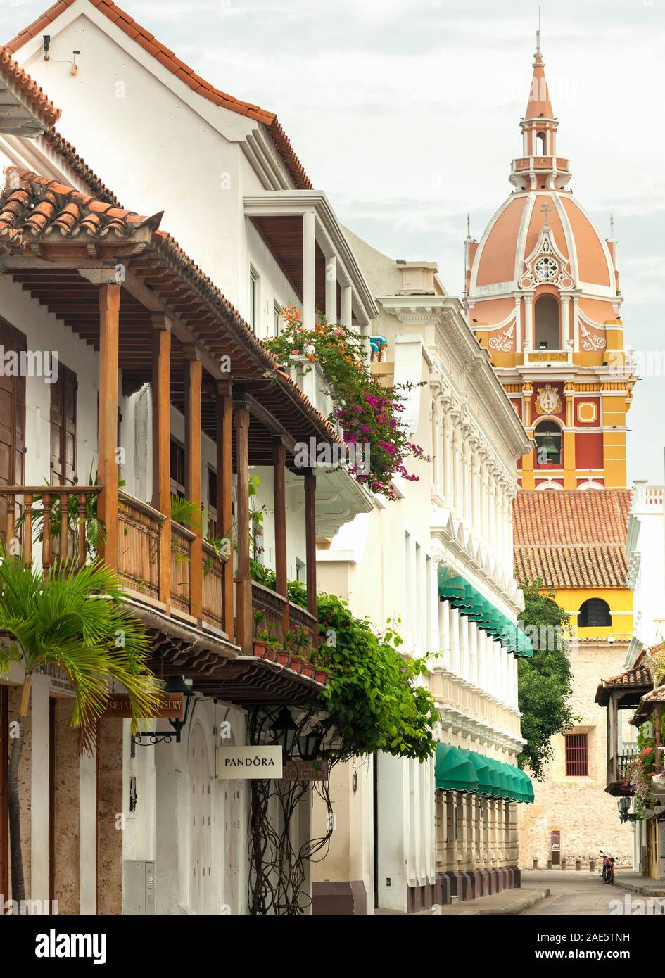 View of buildings and the cathedral of Saint Catherine of Alexandria in the old city in Cartagena, Colombia. Stock Photo