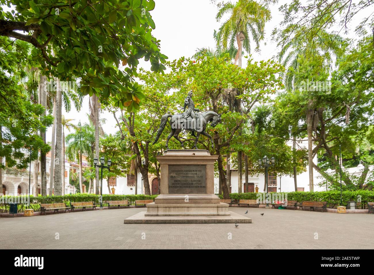 Bolivar Park (Parque de Bolivar) featuring a sculpture of Simon Bolivar on horseback in the old city in Cartagena, Colombia. Stock Photo