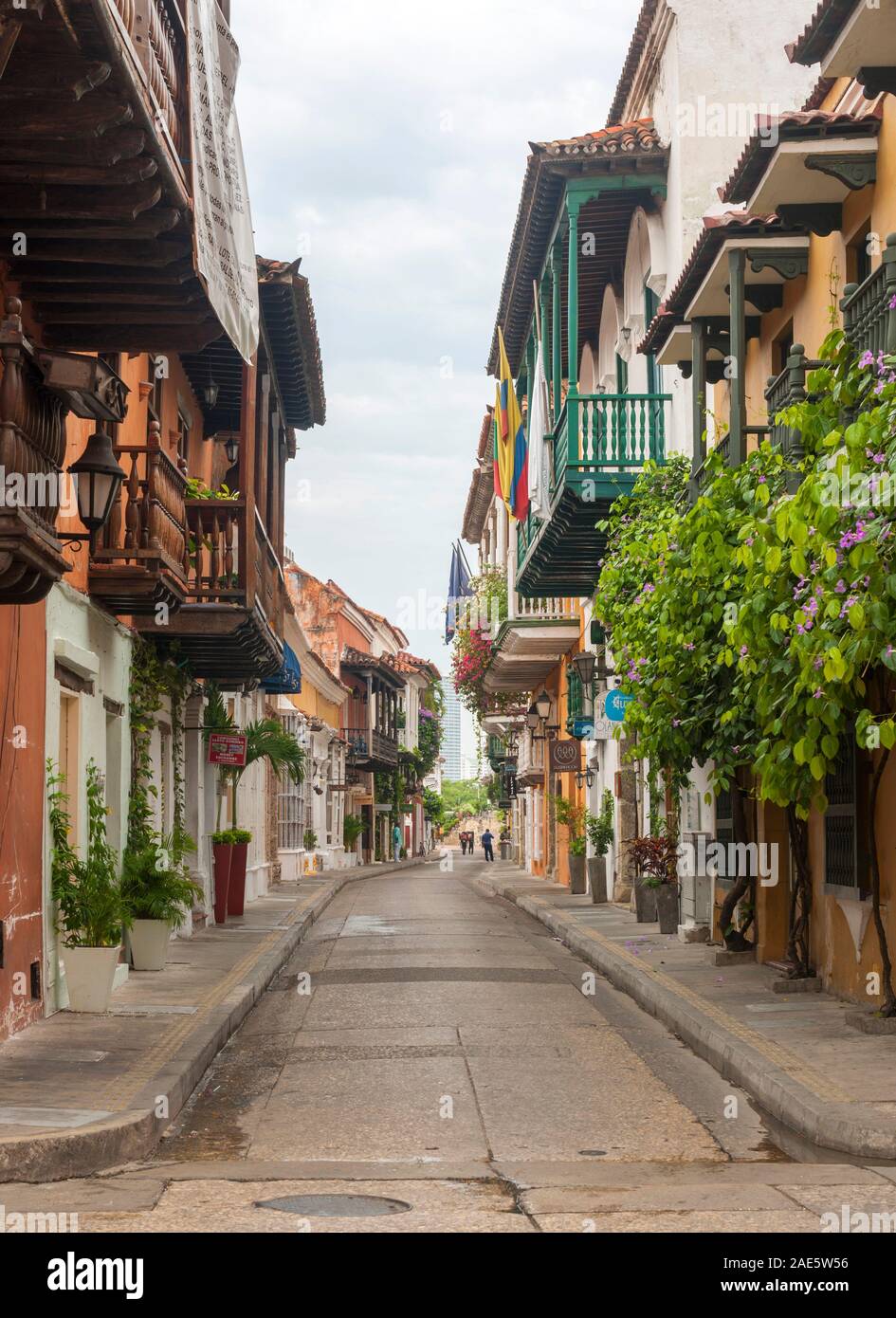 A street and buildings in the old city in Cartagena, Colombia. Stock Photo