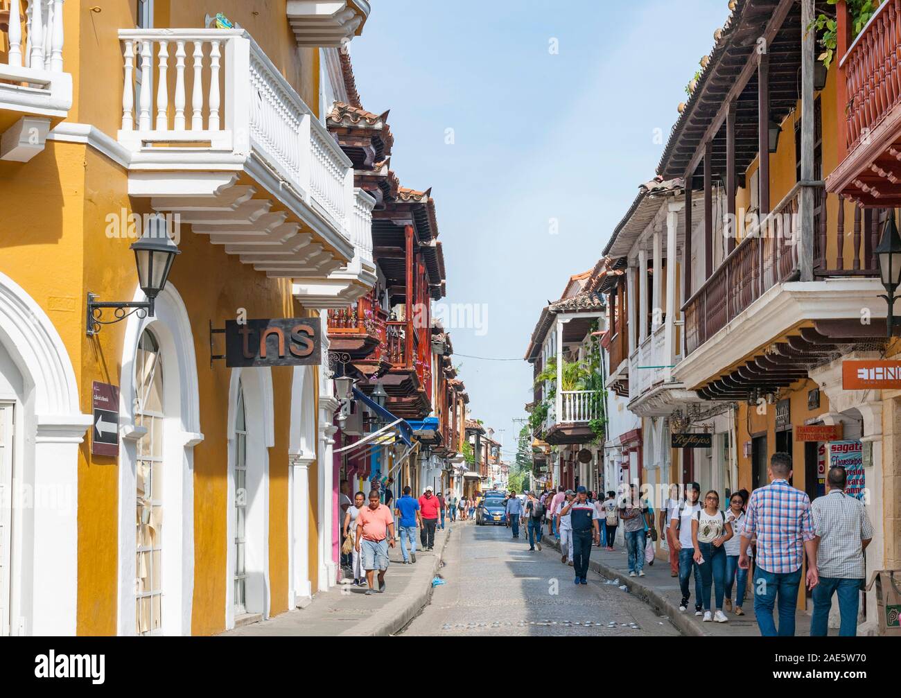 A street and buildings in the old city in Cartagena, Colombia. Stock Photo