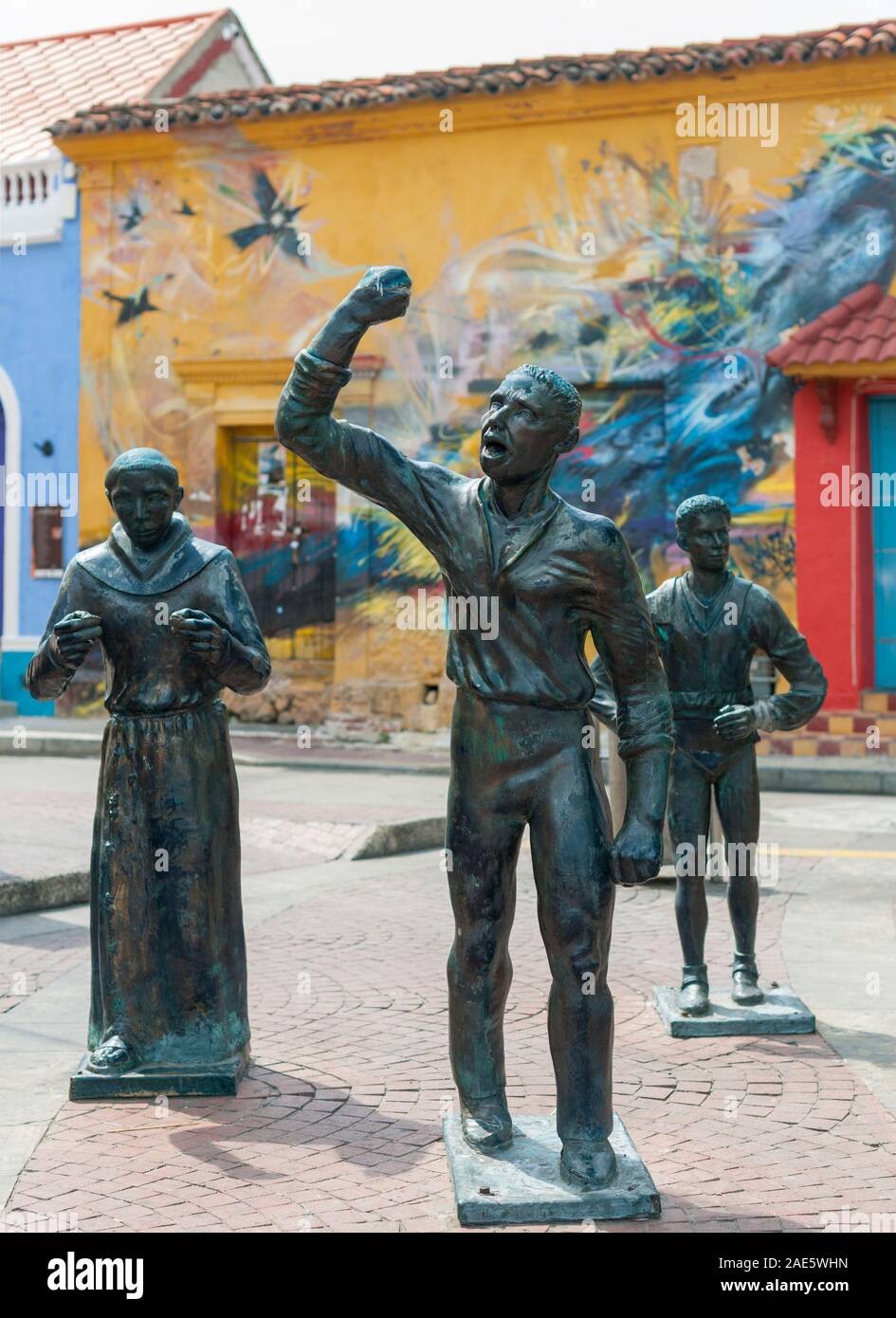 Sculptures in Holy Trinity square (Plaza Trinidad) in the Getsemani neighborhood of Cartagena, Colombia. Stock Photo