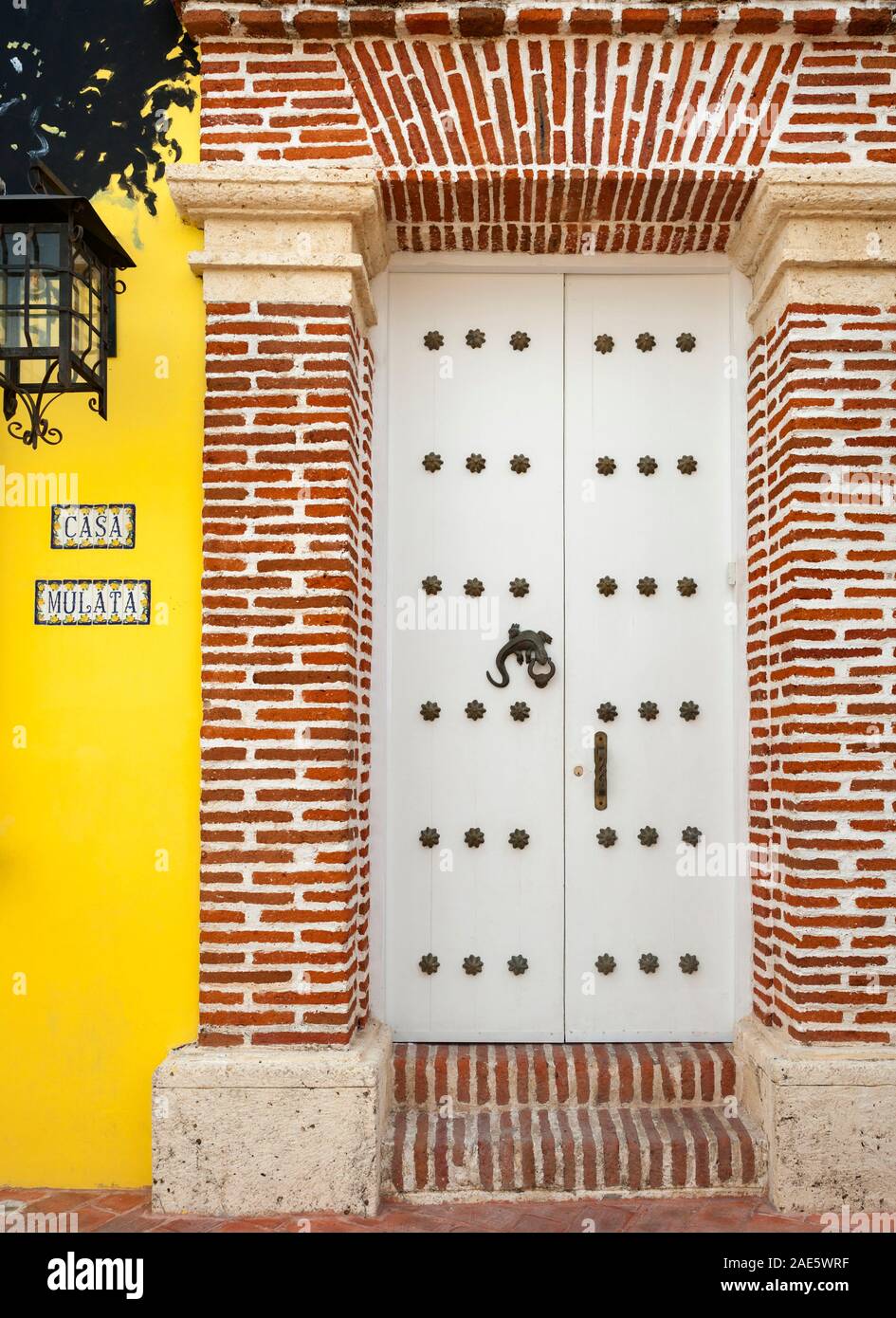 Entrance to a house in the Getsemani neighborhood of Cartagena, Colombia. Stock Photo