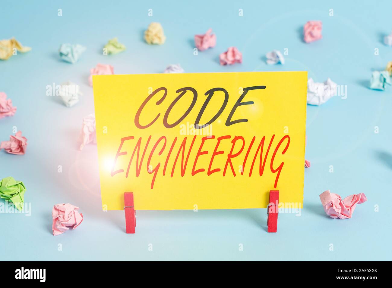Text sign showing Code Engineering. Business photo text application of engineering to the development of software Colored crumpled rectangle shaped re Stock Photo
