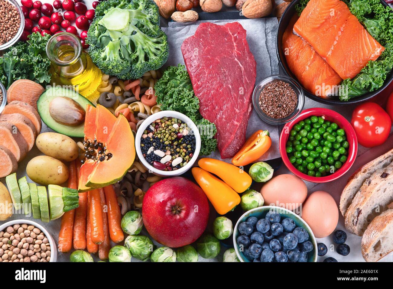 Balanced diet food background. Healthy food clean eating concept. Foods ...