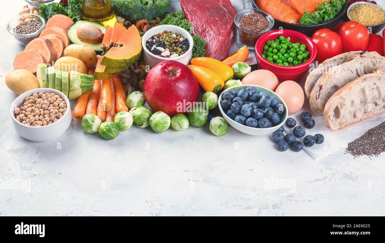 Balanced diet food background. Healthy food clean eating concept. Foods ...