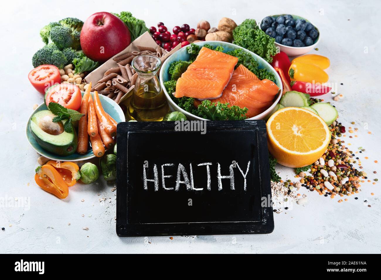 Healthy food with dietary fiber, antioxidants, minerals and vitamins. Detox and clean eating