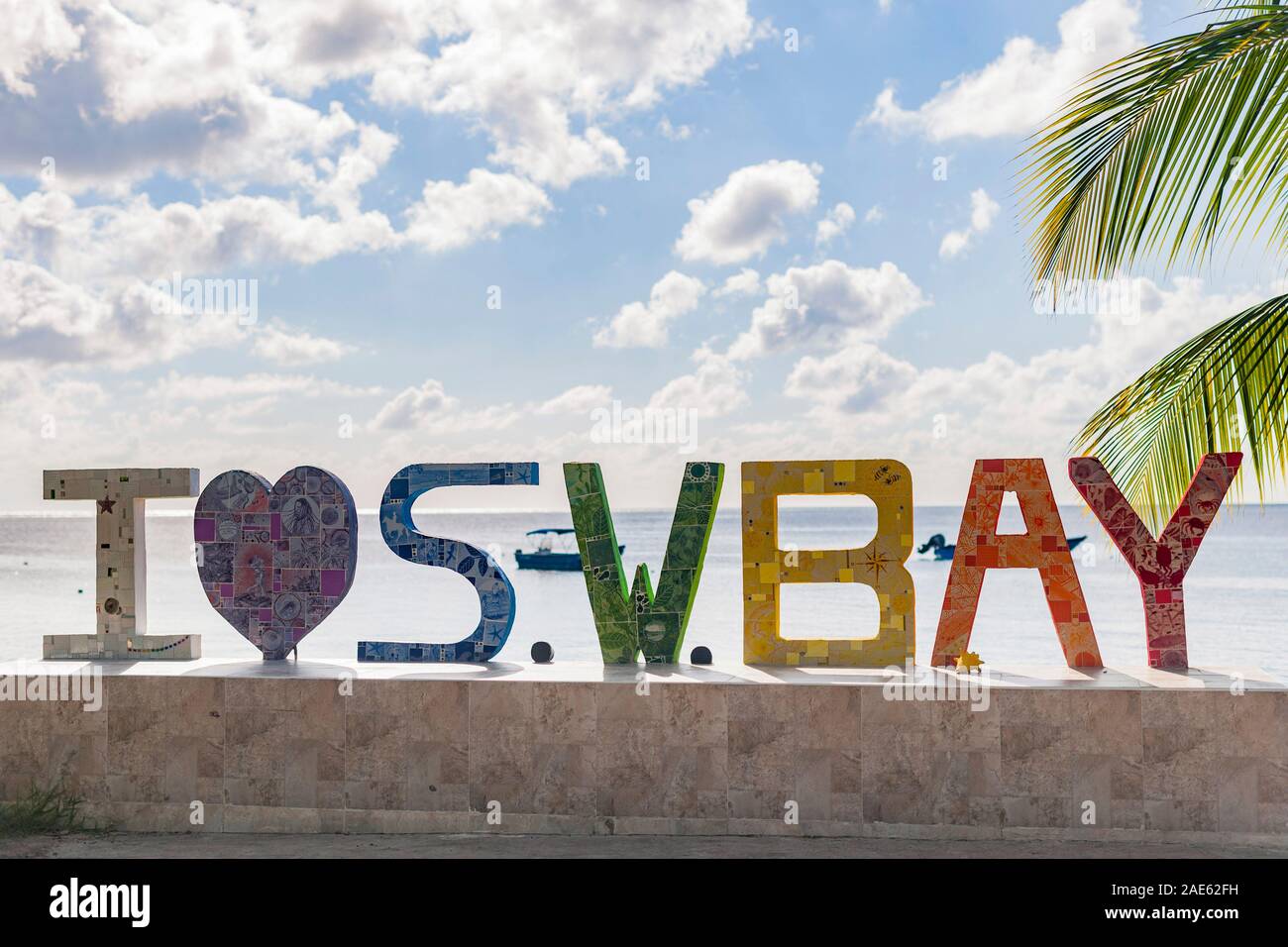 I Love South West Bay sign on the island of Providencia, Colombia. Stock Photo