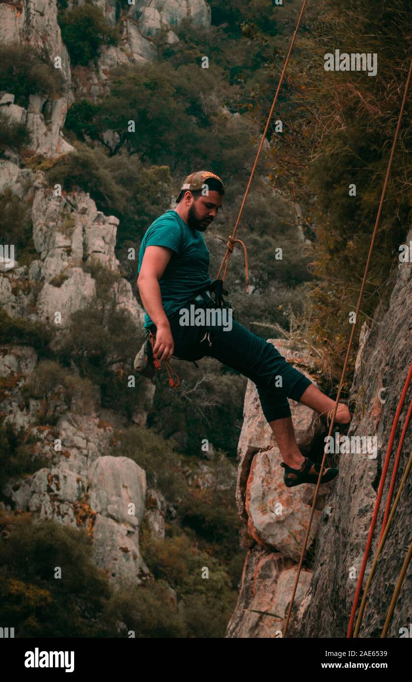 cave mountains climb escalade hiking man women Stock Photo