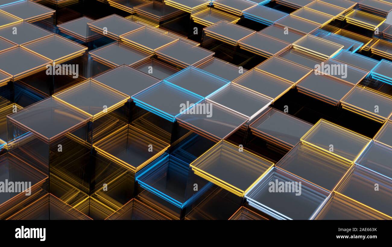 Abstract background of glass cubes with luminous edges. 3D illustration ...
