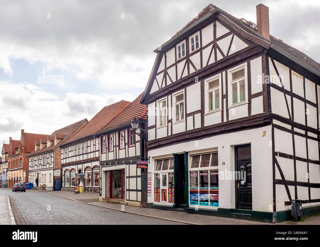 Turkish restaurant in a timber frame building in historic Altstadt Tangermünde Saxony-Anhalt Germany. Stock Photo