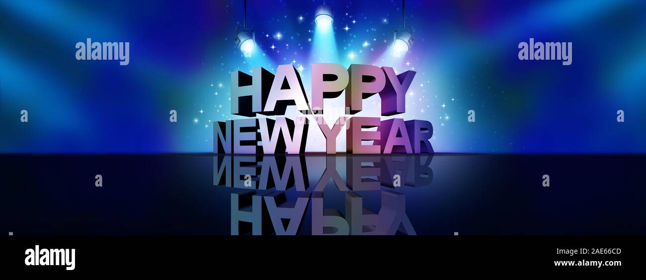 Happy New Year greeting background banner sign as a text on a stage with spot lights and sparkles as a party to celebrate a newyear holiday season. Stock Photo