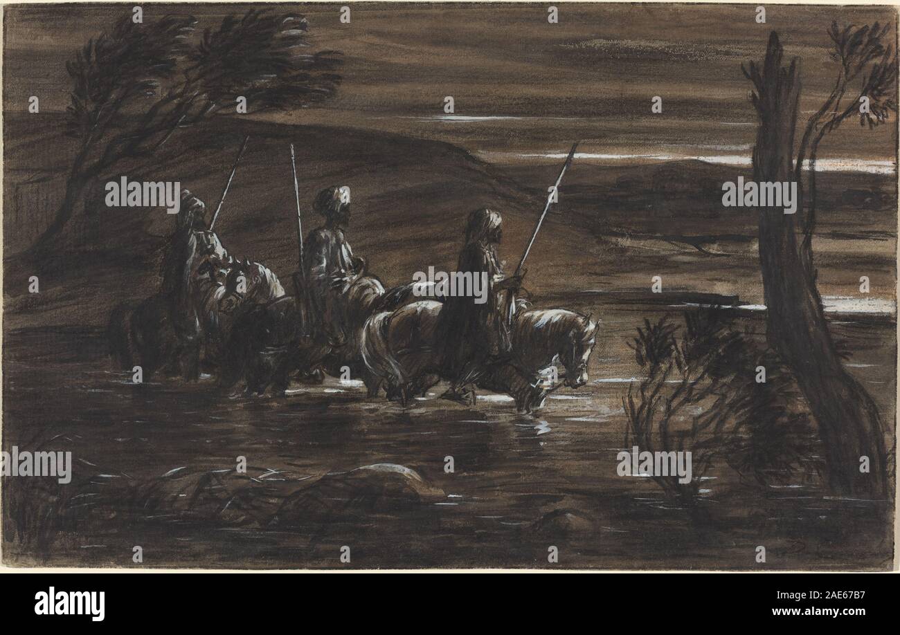 Three Arab Horsemen Crossing a River; circa 1835 date Alexandre-Gabriel Decamps, Three Arab Horsemen Crossing a River, c 1835 Stock Photo