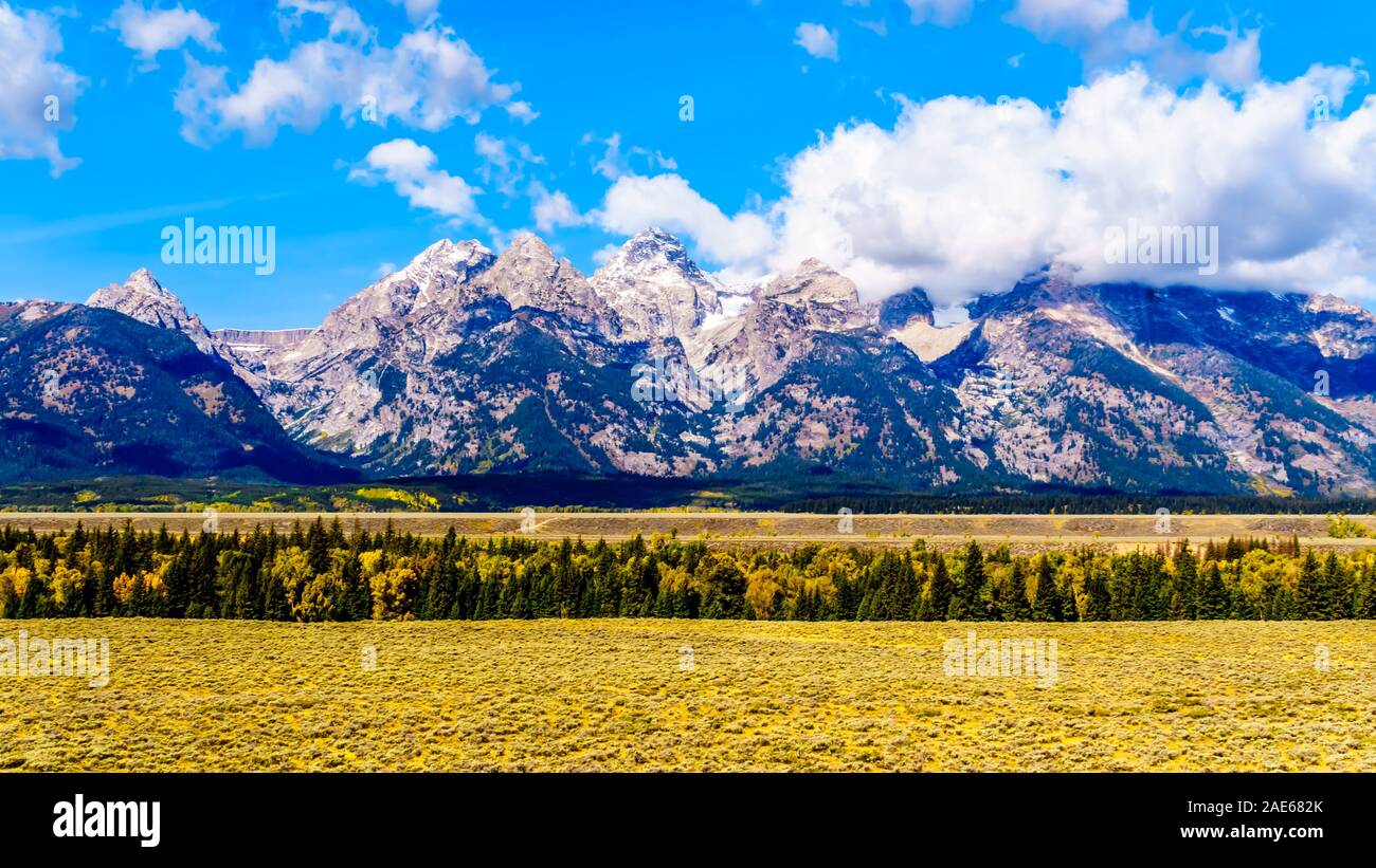 Panorama of Middle Teton, Grand Teton and Mt. Owen in the center of the