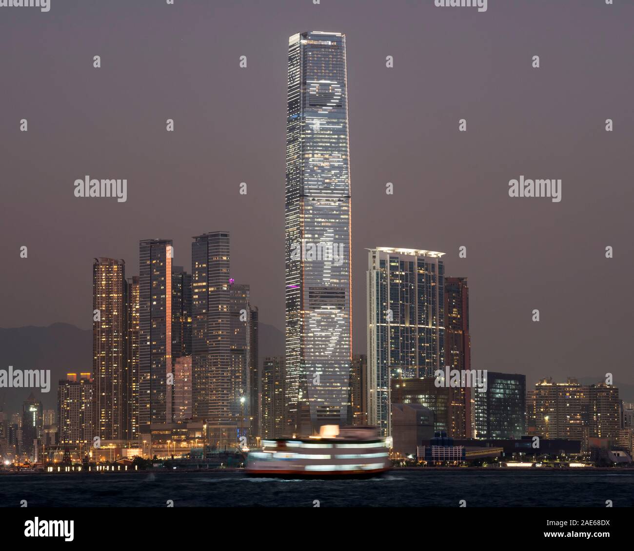 Hong Kong tallest building the International Commerce Center ICC, lights up for Christmas 2019, Hong Kong, China. Stock Photo