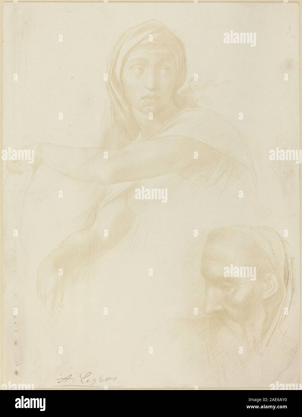 Study of Delphic Sibyl; Head of a Man Alphonse Legros after Michelangelo, Study of Delphic Sibyl; Head of a Man Stock Photo