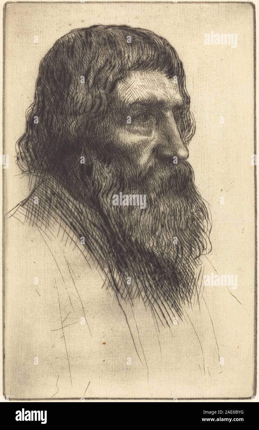 Etching by Alphonse Legros depicting an English peasant, showing clothing, posture, and daily life activities typical of 19th-century rural England, emphasizing realistic human features and social context. Stock Photo