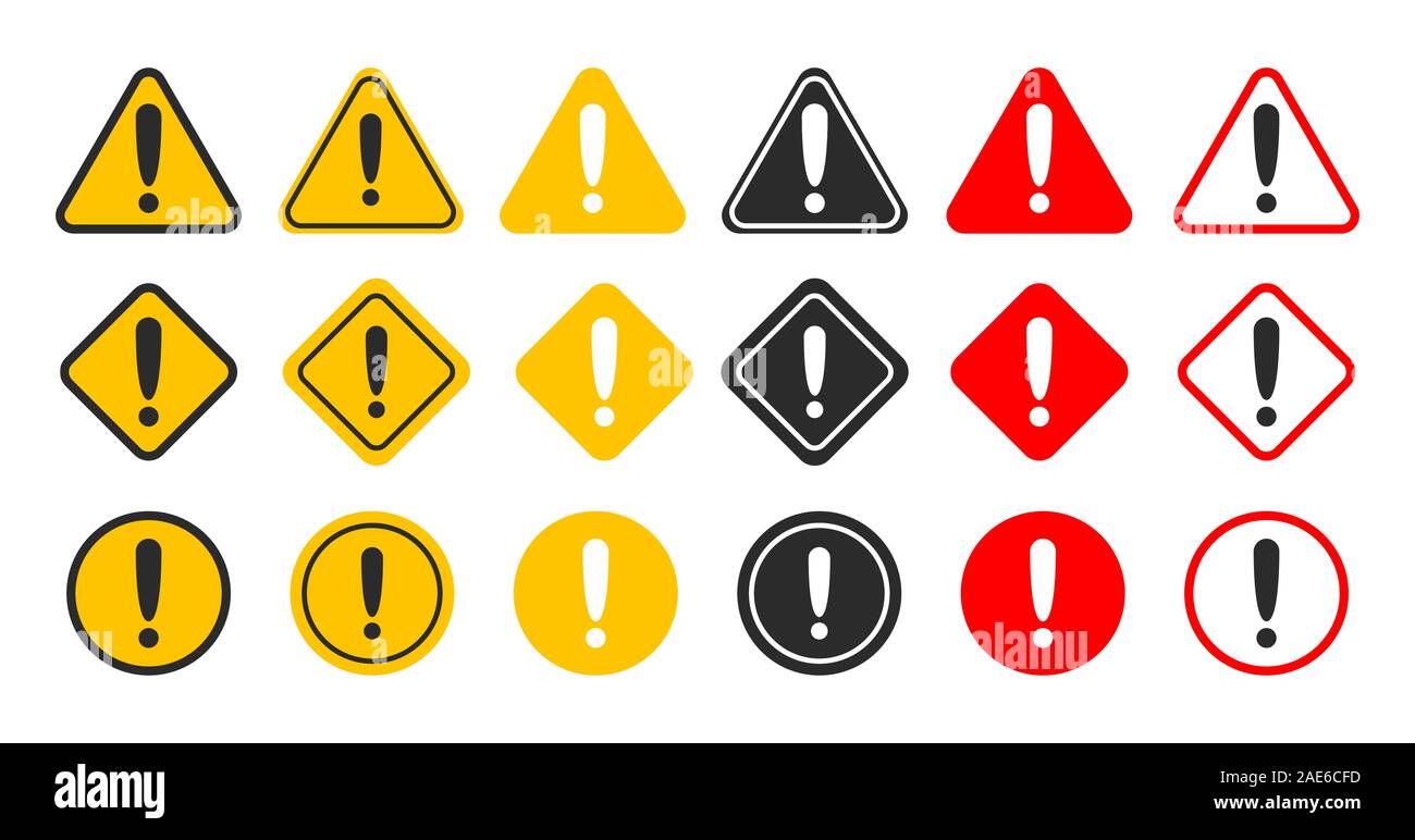 Caution alarm set. Danger sign collection. Attention vector icon. Yellow and red fatal error message element. Stock Vector