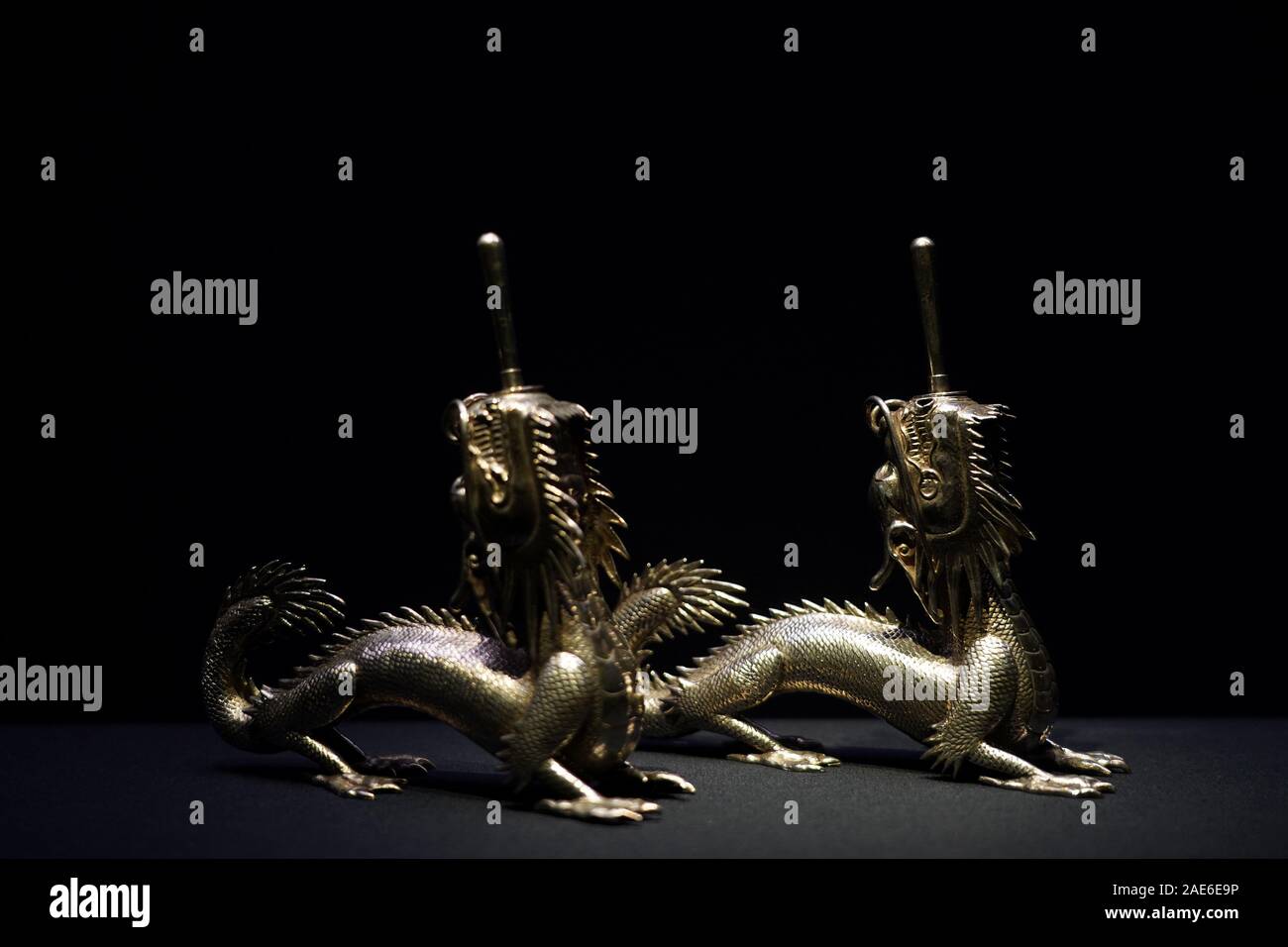 Xi'an, China's Shaanxi Province. 6th Dec, 2019. Silver dragon-shaped wares made in China and exported overseas from late Qing Dynasty (1644-1911) to 1949 are displayed during an exhibition held at Xi'an Museum in Xi'an, capital city of northwest China's Shaanxi Province, Dec. 6, 2019. Credit: Liu Xiao/Xinhua/Alamy Live News Stock Photo