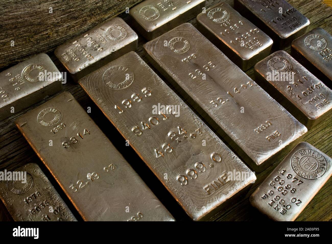 Rare assortment of Homestake Mining Company silver bullion bars. Lead, South Dakota - Black Hills USA Stock Photo