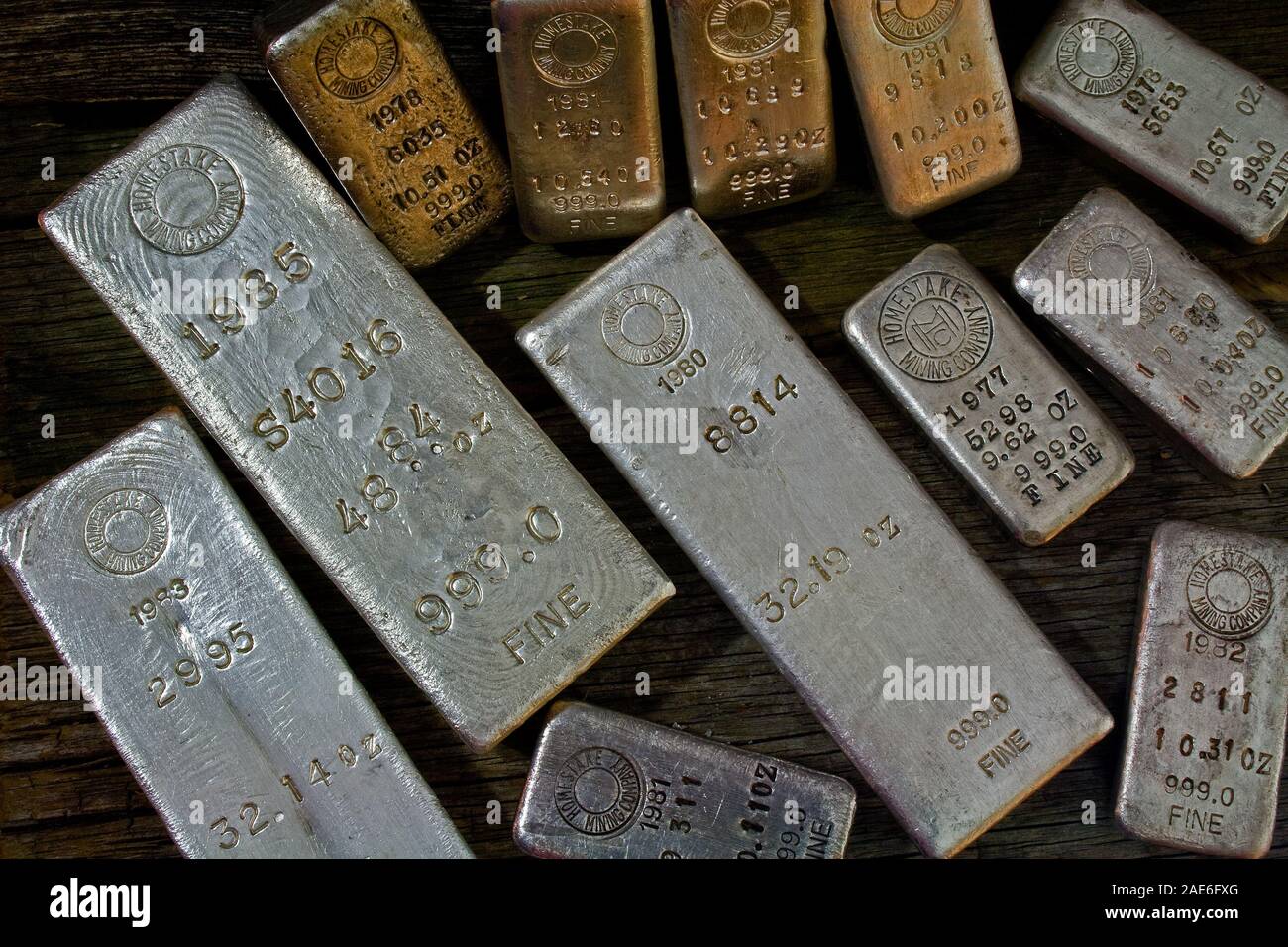 Rare assortment of Homestake Mining Company silver bullion bars. Lead, South Dakota - Black Hills USA Stock Photo