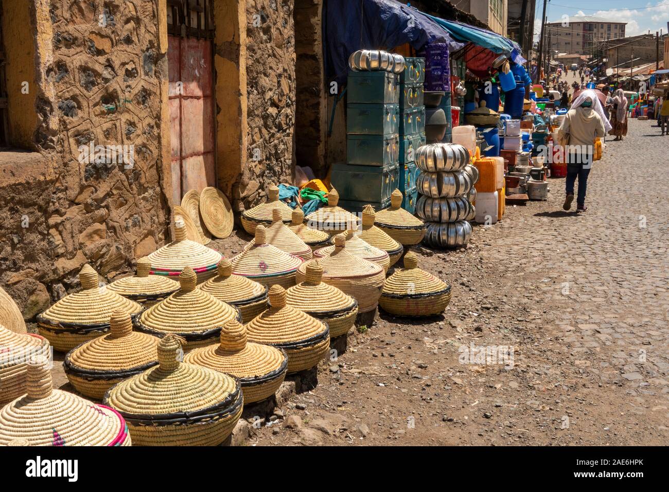 Ethiopia, Amhara Region, Gondar, Arada Market, injera baskets on display Stock Photo