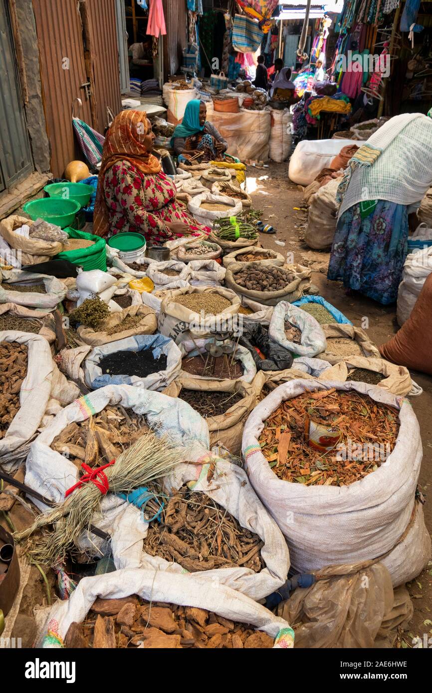 Ethiopia, Amhara Region, Gondar, Arada Market, sacks of spices for sale Stock Photo