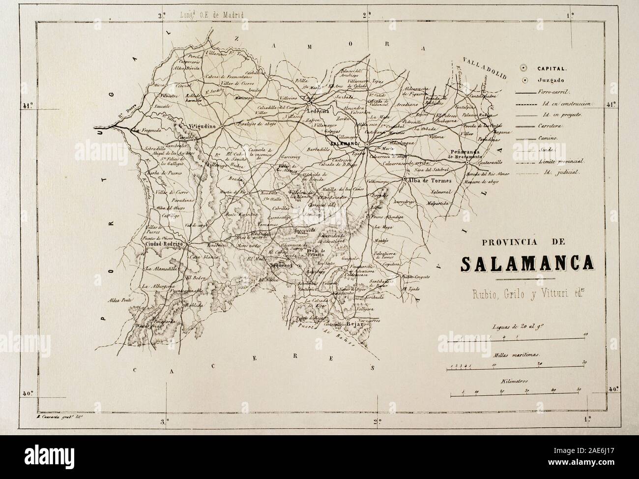 Mapa de la provincia de Salamanca. España. Crónica general de España, Historia Ilustrada y Descriptiva de sus Provinicas. Tomo Asturias y León, 1867. Biblioteca Histórico Militar de Barcelona, Cataluña, España. Stock Photo