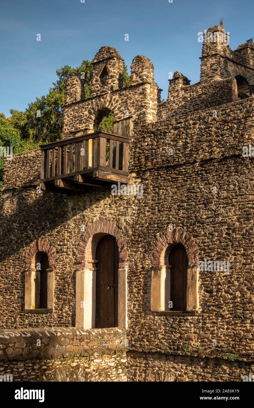 Ethiopia, Amhara Region, Gondar, Fasilidas’ Pool, Emperor’s residence, wooden balcony above doorway Stock Photo