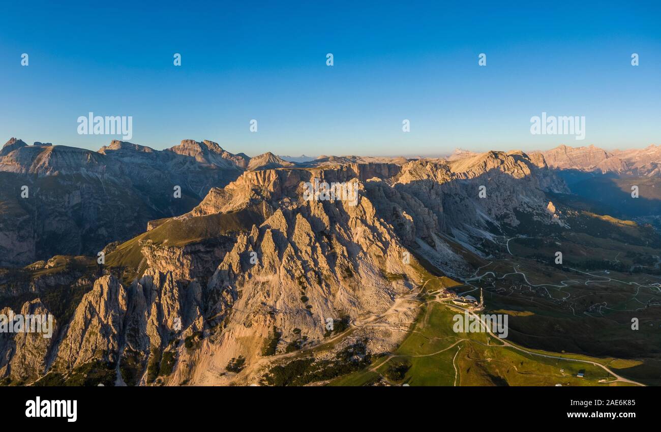 Aerial view of Pizes de Cir mountain range and Gardena Pass, Italy Stock Photo